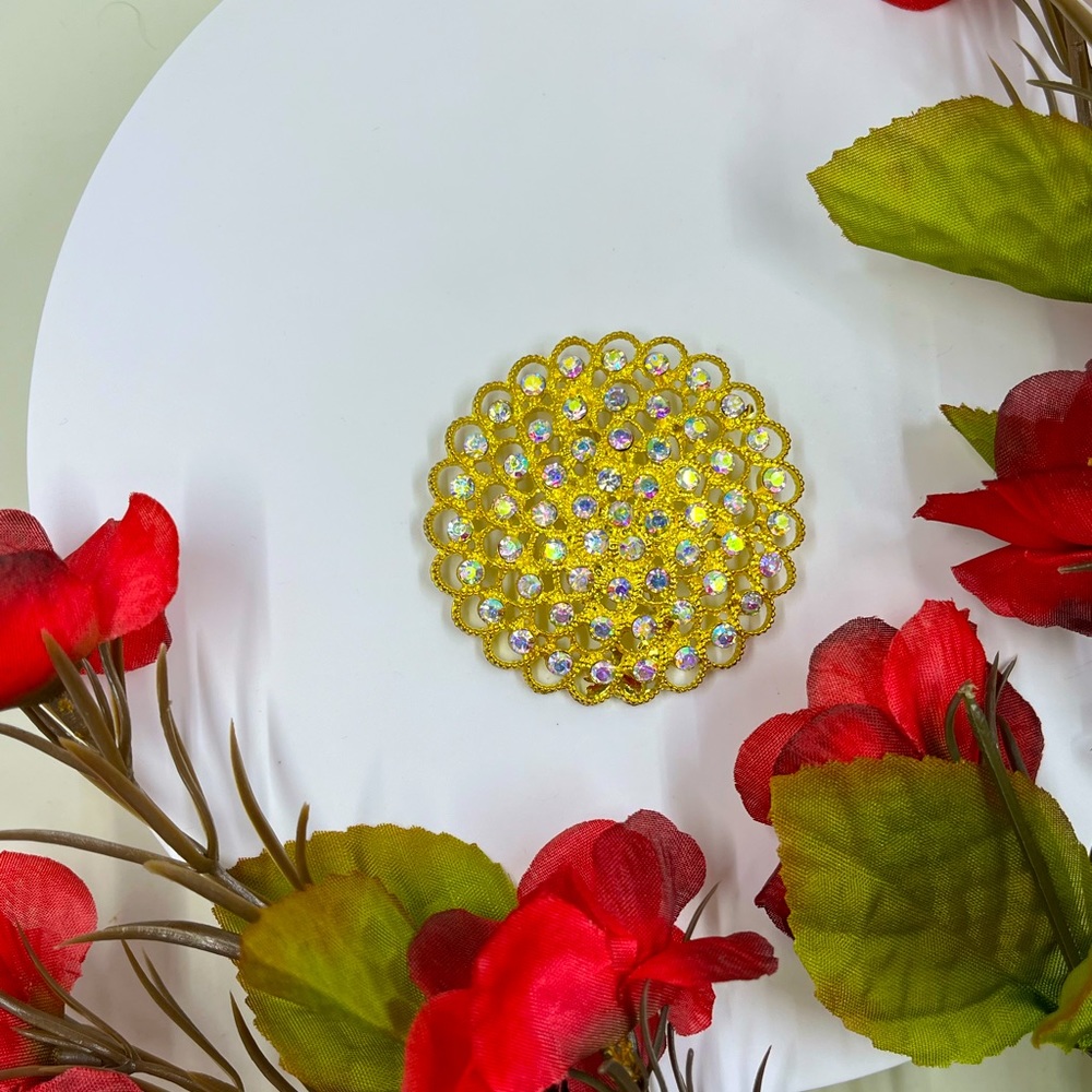 Aurora Borealis Crystal Mandela Style Filigree Vintage Brooch
